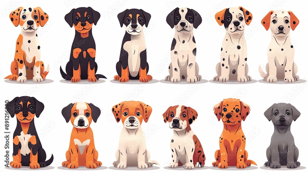 Obraz premium vector, illustration, Cute dogs doodle vector seamless pattern. Cartoon dog or puppy characters design collection with flat color in different poses. Set of funny pet animals isolated on background