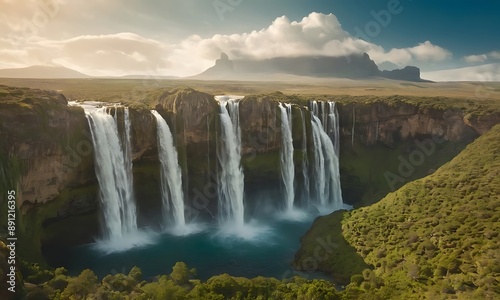 Waterfalls made of liquid light cascading down from floating islands in a surreal, otherworldly landscape. © Shobhit