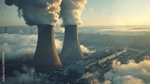 Nuclear power plant with cooling towers, safety protocols, photo