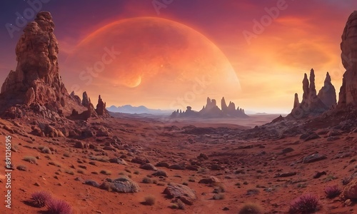 A panoramic view of a strange and beautiful alien planet, featuring unusual geological formations, colorful skies, and alien plant life.