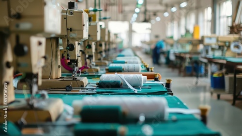 Wallpaper Mural Textile factory with rows of industrial sewing machines, Torontodigital.ca