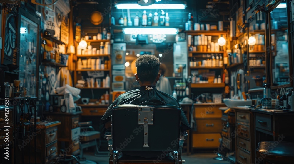 Fototapeta premium Barber shop room with man cuttin customer