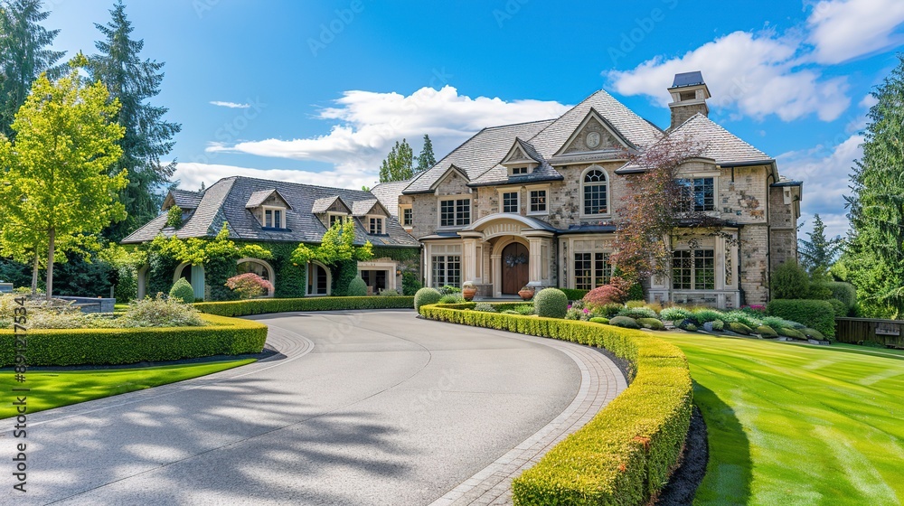 Naklejka premium Custom built luxury house with nicely trimmed front yard, lawn and long doorway and driveway in a residential neighborhood. 
