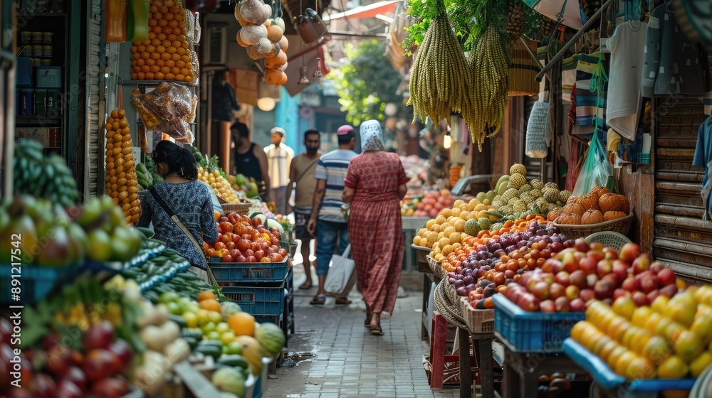 Obraz premium Vibrant urban market bustling with people and colorful fresh produce. Fruit and vegetable market