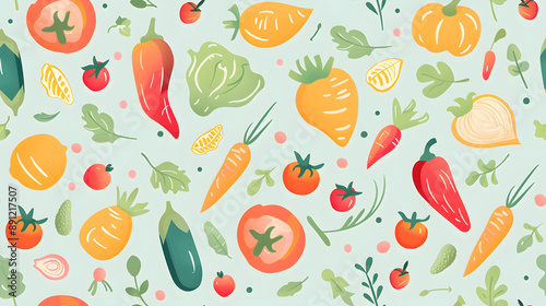 A seamless pattern featuring an assortment of colorful vegetables, including tomatoes, carrots, peppers, and greens, on a light background. Perfect for kitchen or food-themed designs.