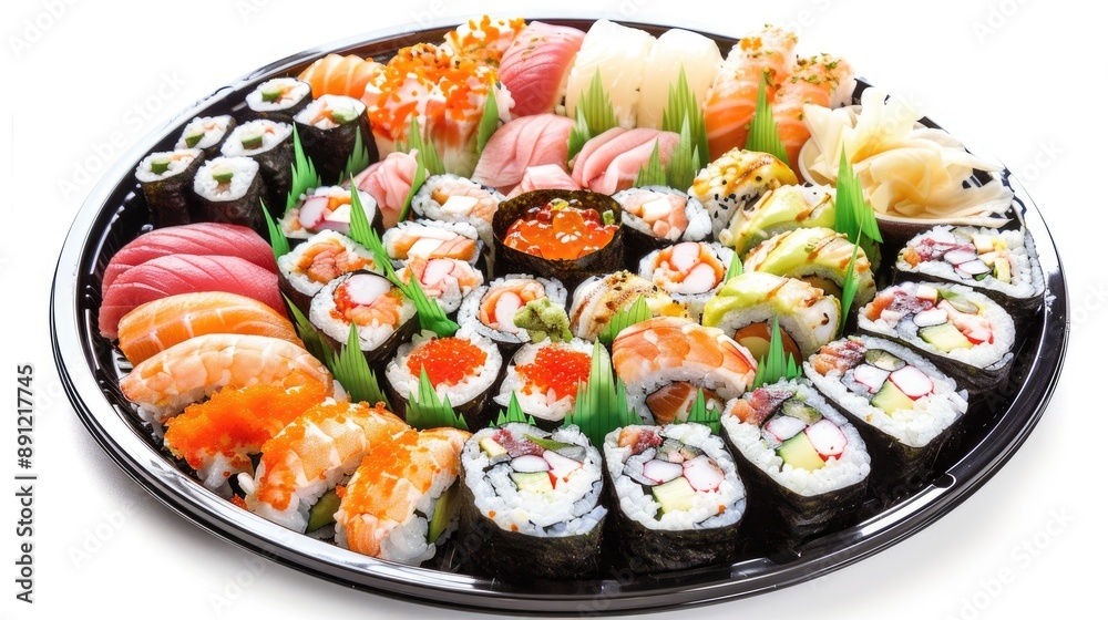 Japanese Food Sushi and Rolls Platter on White Background Japanese Food Sushi and Rolls Platter on White Background