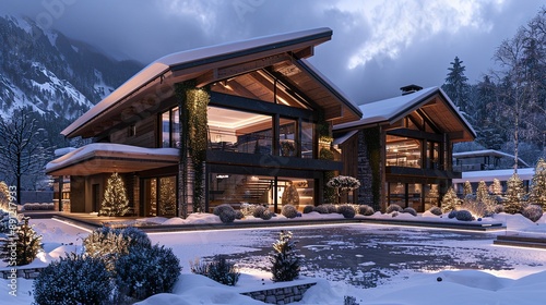 Modern wooden chalet house with snow and mountains on ski resort in cold evening.Macro.