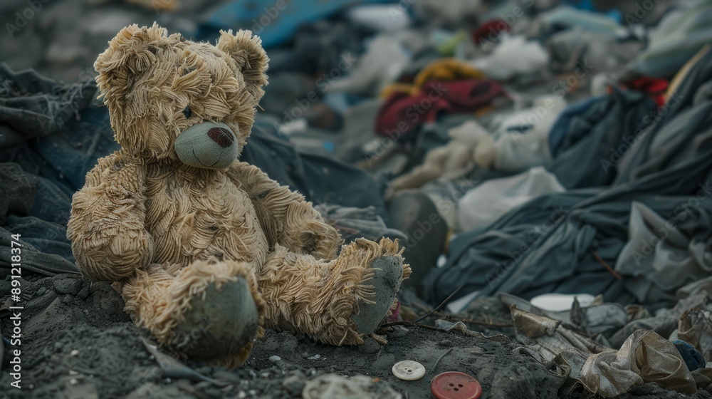 Abandoned teddy bear in trash. A worn teddy bear sits alone amongst discarded items in a landfill, symbolizing loss and neglect. Abandoned teddy bear in trash. A worn teddy bear sits alone amongst discarded items in a landfill, symbolizing loss and neglect.