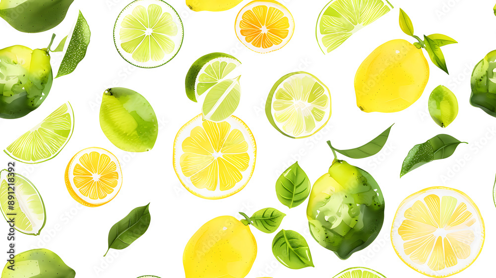 A seamless pattern featuring a variety of lemons and limes, with slices and whole fruits on a white background. Perfect for fresh and vibrant design projects. A seamless pattern featuring a variety of lemons and limes, with slices and whole fruits on a white background. Perfect for fresh and vibrant design projects.