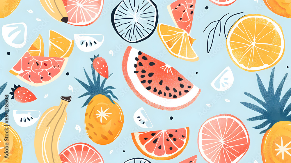 A seamless pattern featuring a variety of tropical fruits, including pineapples, watermelons, oranges, and bananas, on a blue background. Perfect for summer-themed designs and vibrant decor. A seamless pattern featuring a variety of tropical fruits, including pineapples, watermelons, oranges, and bananas, on a blue background. Perfect for summer-themed designs and vibrant decor.