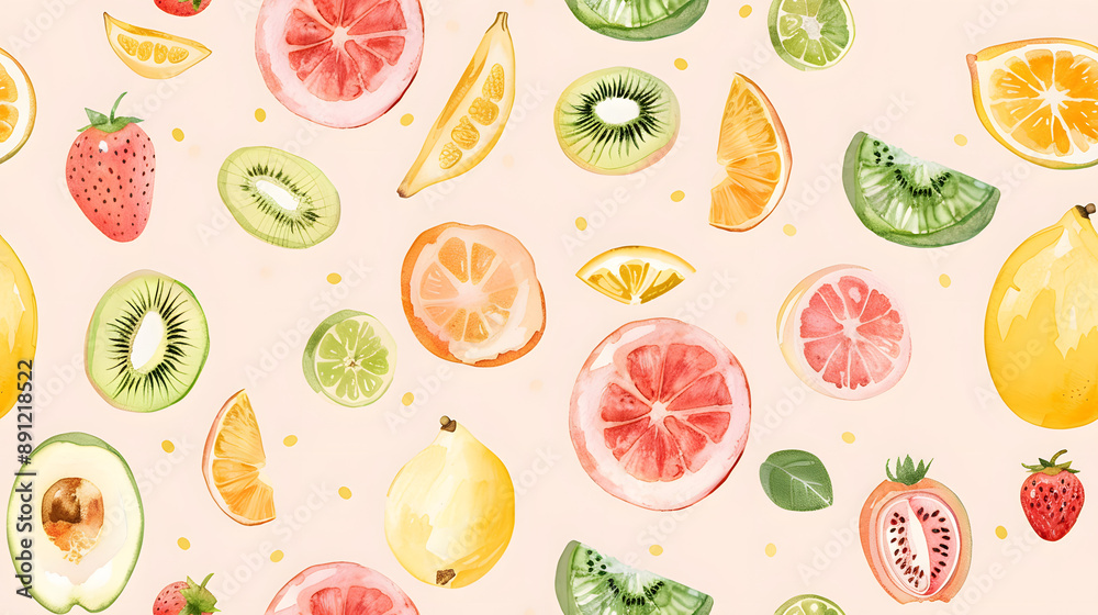 A seamless pattern featuring a variety of mixed fruits, including kiwis, strawberries, grapefruits, and lemons, on a light background. Perfect for fresh, vibrant, and summery designs A seamless pattern featuring a variety of mixed fruits, including kiwis, strawberries, grapefruits, and lemons, on a light background. Perfect for fresh, vibrant, and summery designs