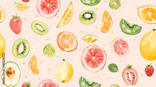 A seamless pattern featuring a variety of mixed fruits, including kiwis, strawberries, grapefruits, and lemons, on a light background. Perfect for fresh, vibrant, and summery designs