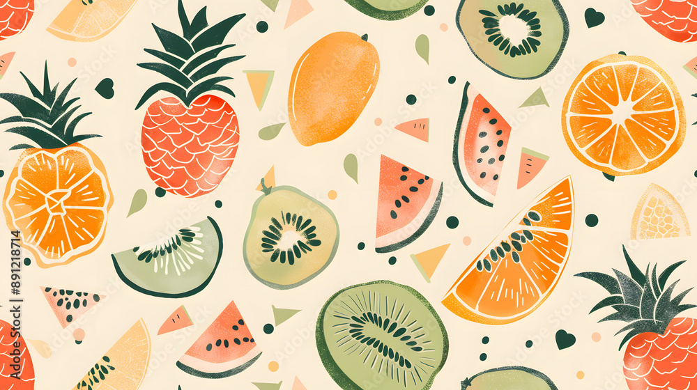A seamless pattern featuring tropical fruits like pineapples, kiwis, watermelons, and oranges on a light background. Ideal for fresh, vibrant, and summer-themed designs.