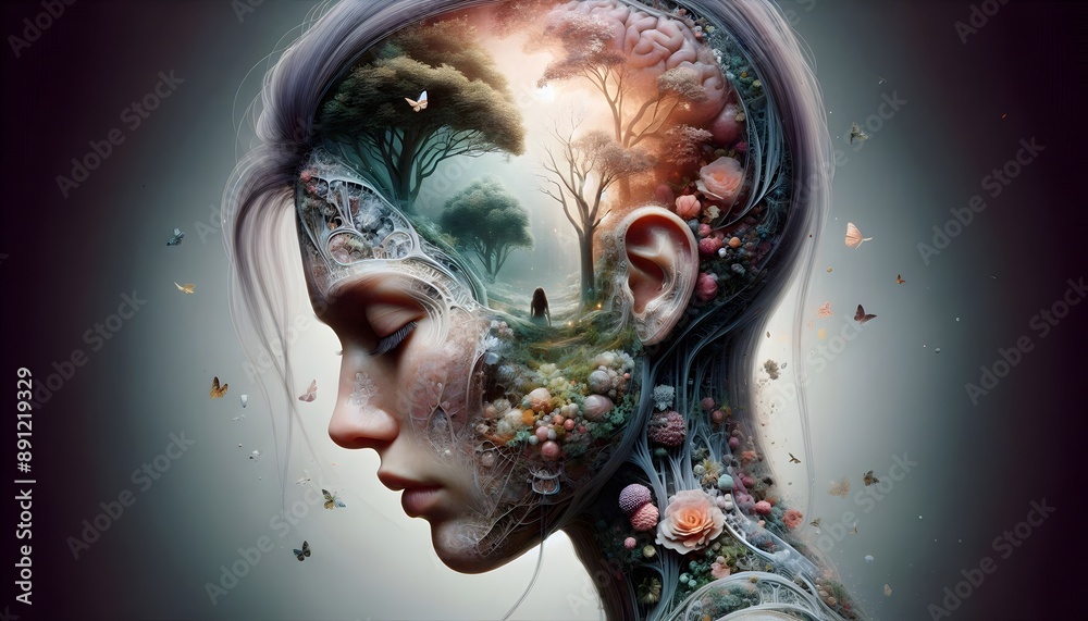 El jardín dentro del cerebro humano, Fotografía Hiperrealista Ai, Ilustración 3D El jardín dentro del cerebro humano, Fotografía Hiperrealista Ai, Ilustración 3D