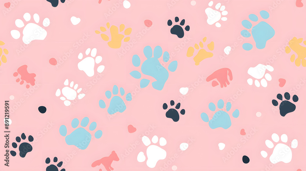 A seamless pattern featuring multicolored paw prints in blue, white, black, and yellow on a pink background. Ideal for pet-themed designs, fabric prints, and children's products. A seamless pattern featuring multicolored paw prints in blue, white, black, and yellow on a pink background. Ideal for pet-themed designs, fabric prints, and children's products.
