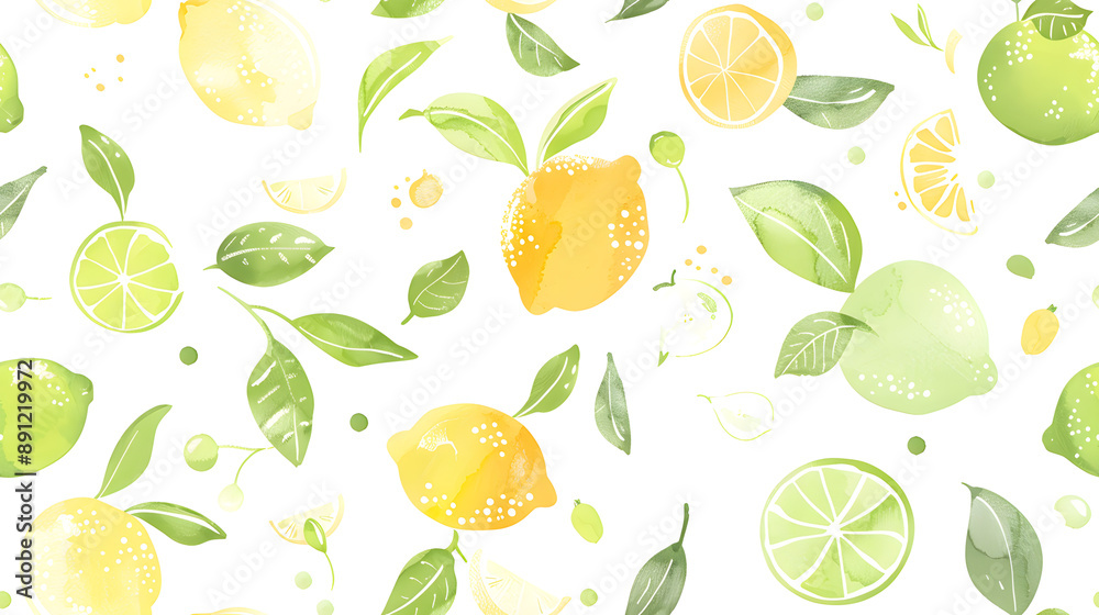 Light and airy seamless pattern showcasing watercolor lemons, limes, and leaves. Perfect for summer projects, kitchen decor, and stationery designs. Light and airy seamless pattern showcasing watercolor lemons, limes, and leaves. Perfect for summer projects, kitchen decor, and stationery designs.
