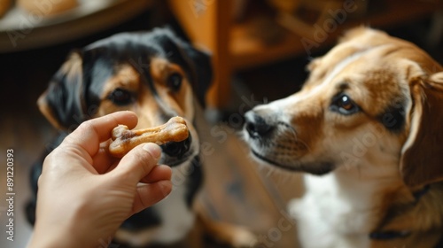 Dog treats,  two dogs waiting for a treat. Two dogs watch attentively as a hand holds a treat for them.  One dog stares directly at the treat, while the other looks up expectantly. photo