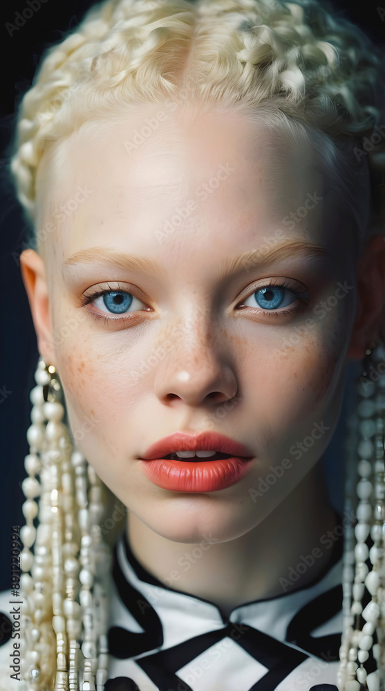 Portrait of beautiful African American female albino model, white Afro, fashion and lifestyle, diversity, people background