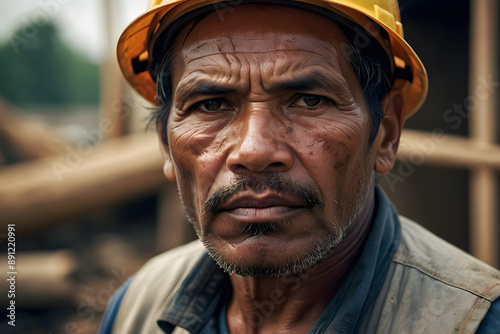 A close up portrait of a tired worker in a construction site