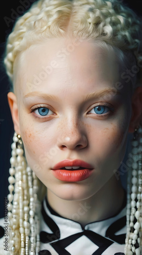 Obraz na płótnie Portrait of beautiful African American female albino model, white Afro, fashion and lifestyle, diversity, people background w salonie