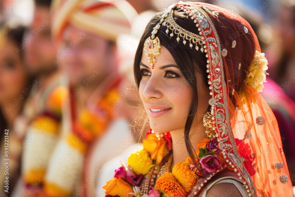 Beautiful bride adorned in traditional wedding attire with floral garlands, captured during a vibrant cultural ceremony. Beautiful bride adorned in traditional wedding attire with floral garlands, captured during a vibrant cultural ceremony.