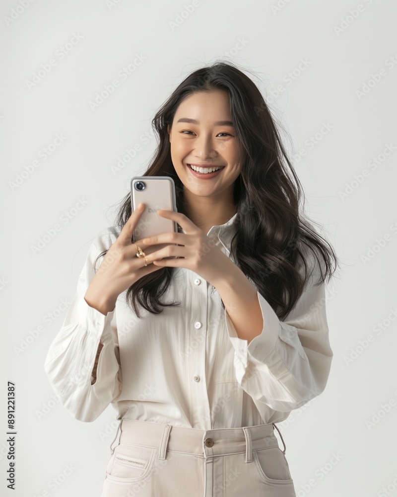 A young woman in a white blouse and light-colored pants smiling while holding her smartphone. The image conveys a sense of happiness, modern communication, and stylish simplicity A young woman in a white blouse and light-colored pants smiling while holding her smartphone. The image conveys a sense of happiness, modern communication, and stylish simplicity