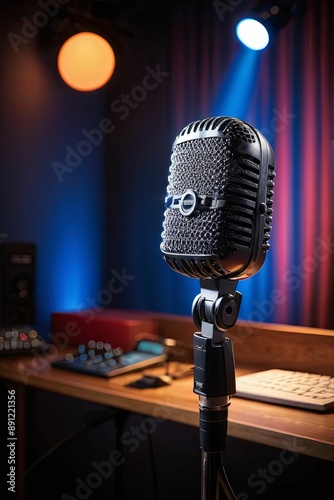 A professional podcast studio setup featuring microphone, lighting, and equipment, ready for recording high-quality audio content. photo