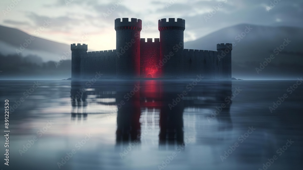 Fototapeta premium a castle moat filled with water, acting as a defense against siege, field of dept deep odject, all cover focus text, for spacecopy
