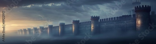 a medieval fortress with high walls and defensive towers ready for battle, field of dept deep odject, all cover focus text, for spacecopy