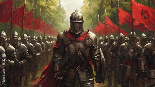a medieval army marching through a dense forest with banners flying, field of dept deep odject, all cover focus text, for spacecopy