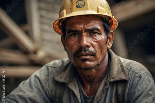 A close up portrait of a tired worker in a construction site © Thurein