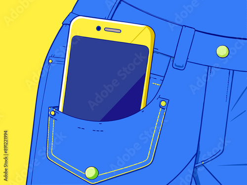 A mobile phone sticks out of a trouser pocket.