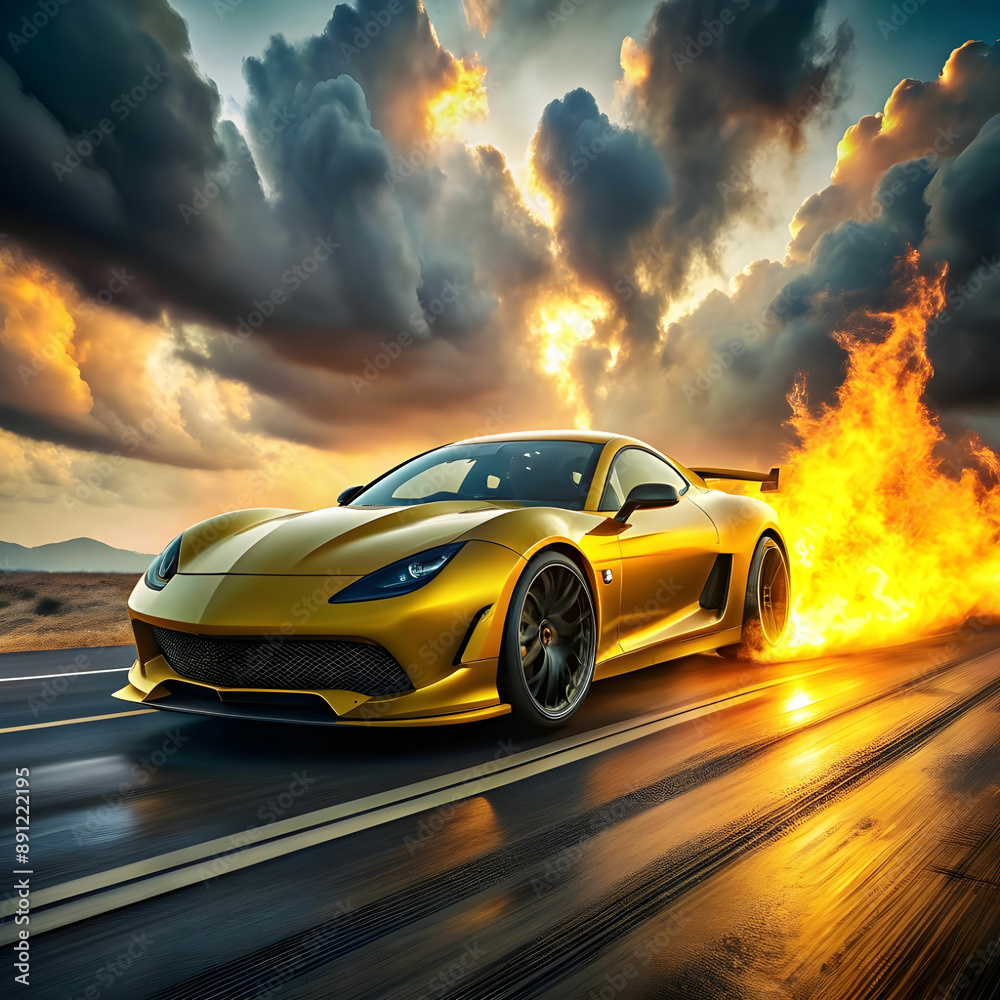 Naklejka premium fire automobile road powerful smoke sport wheel