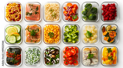 Top view of multiple meal prep containers filled with a variety of fresh ingredients including vegetables, grains, proteins, and fruits. Ideal for showcasing meal planning, healthy eating, and balance