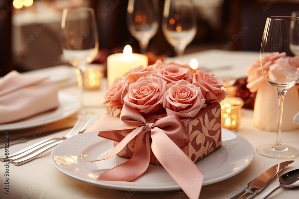 Elegantly set dinner table with a gift box adorned with pink roses and ribbon. Elegantly set dinner table with a gift box adorned with pink roses and ribbon.