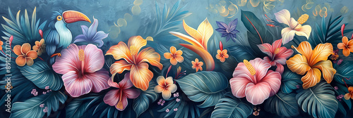 banner of painting colorful tropical flowers with two beautiful Knobbed Hornbills sitting on a branch in the forest,tropical flowers, orchids, anthuriums and green leave .