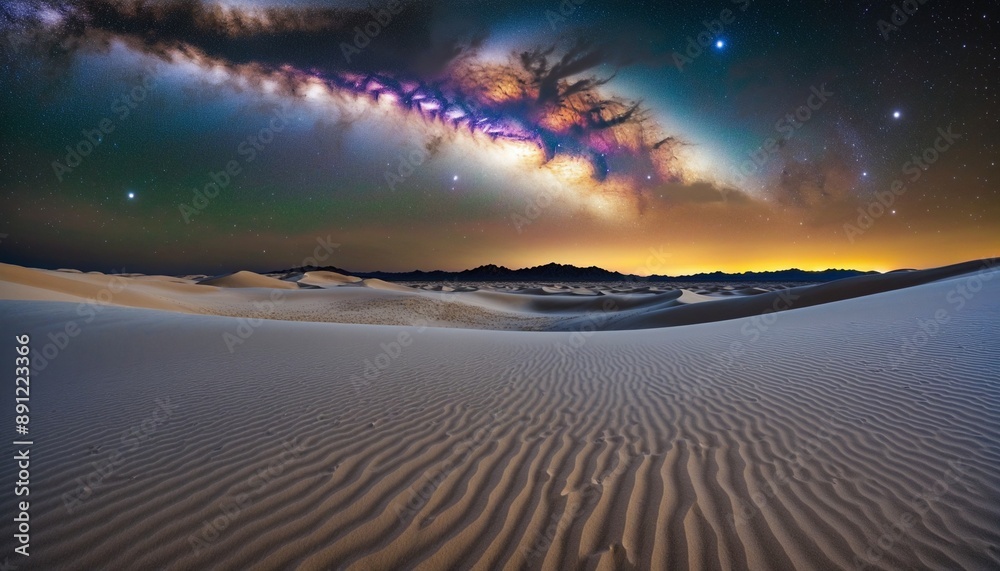 Milky Way and Orange light on desert sand dunes Milky Way and Orange light on desert sand dunes