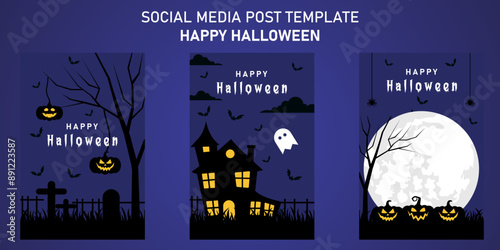 Happy Halloween social media post template vector illustration with dark pumpkin, bats flaying, dark hunted halloween house isolated on dark horror background for marketing, invitation halloween party
