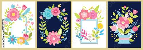Greeting card template with floral elements, garden frame gift flower