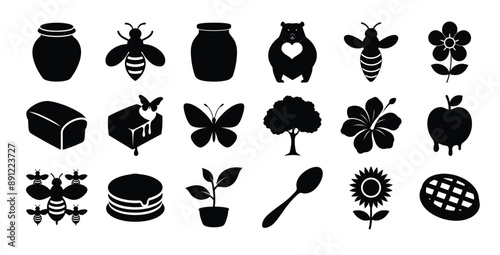 Honey production consumption icon set, plants trees flowers pollination