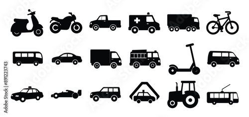 Set icons different types transport, fire police truck car race tractor