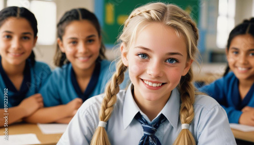 Blond girl with blue eyes smiles in a classroom classmates in the background
