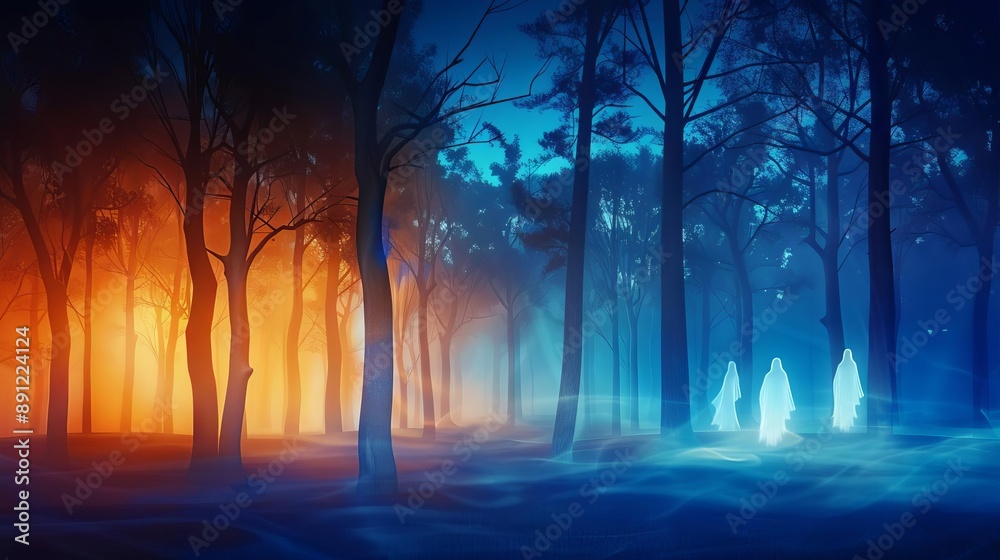 A dark and foggy forest with ghostly figures lurking among the trees A dark and foggy forest with ghostly figures lurking among the trees