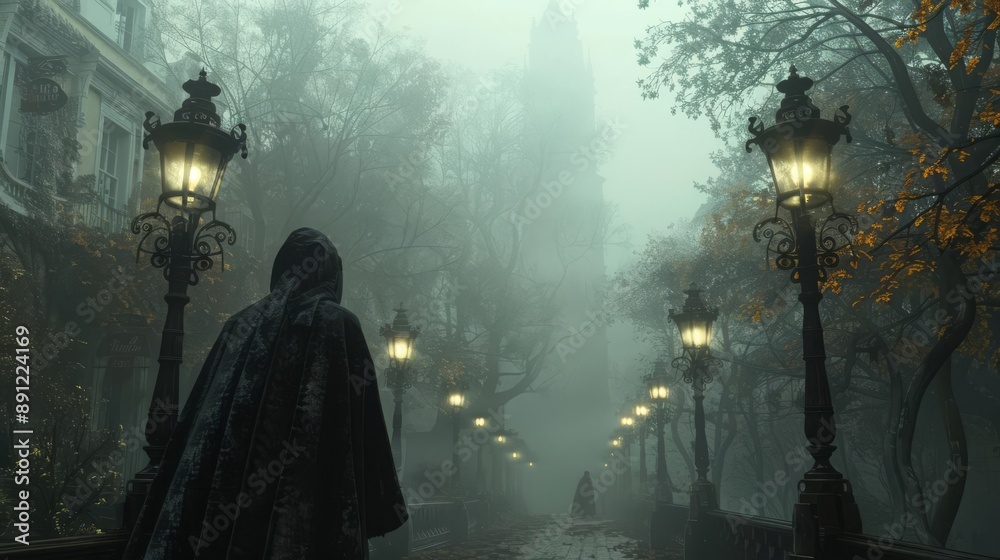 Fototapeta premium Cloaked figures in foggy street with vintage lanterns