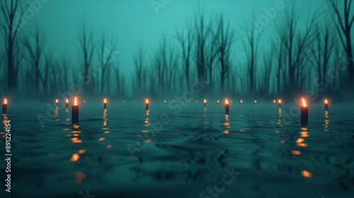 A dark and foggy swamp with eerie glowing lights and mist