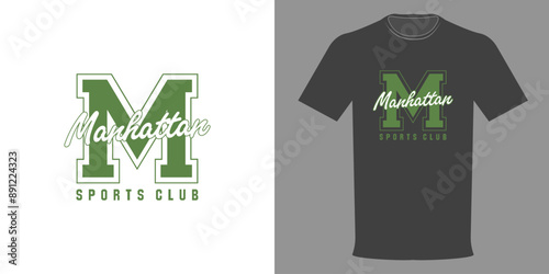 Vector illustration. T-shirt MANHATTAN SPORTS CLUB in a minimalist style. Athletic Wear. Typographic print, Sportswear. College League, school football team
