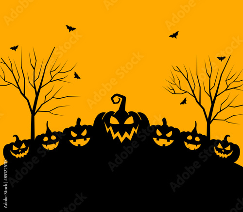 Set of Halloween pumpkin vector illustration with trees and bats flying Happy Halloween holiday concept for party, greetings, mockups, invitation isolated on Yellow background