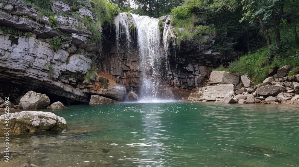 Fototapeta premium Waterfall cascading down a rocky cliff into a serene pool