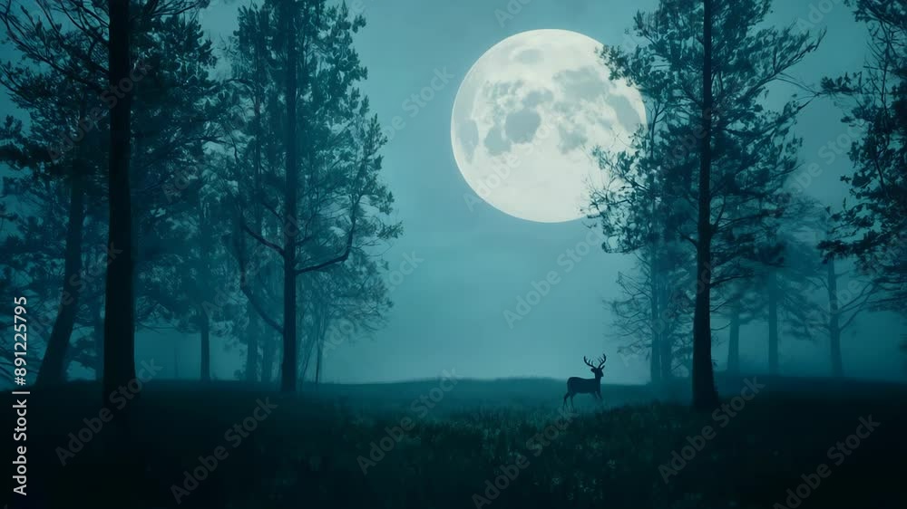 Aerial view descends through misty treetops, revealing a solitary deer in a moonlit clearing. Ethereal blue hues and silver highlights evoke otherworldly wonder. Aerial view descends through misty treetops, revealing a solitary deer in a moonlit clearing. Ethereal blue hues and silver highlights evoke otherworldly wonder.