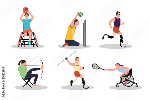 Paralympic athletes with different disabilities are training and competing at a professional level vector illustration